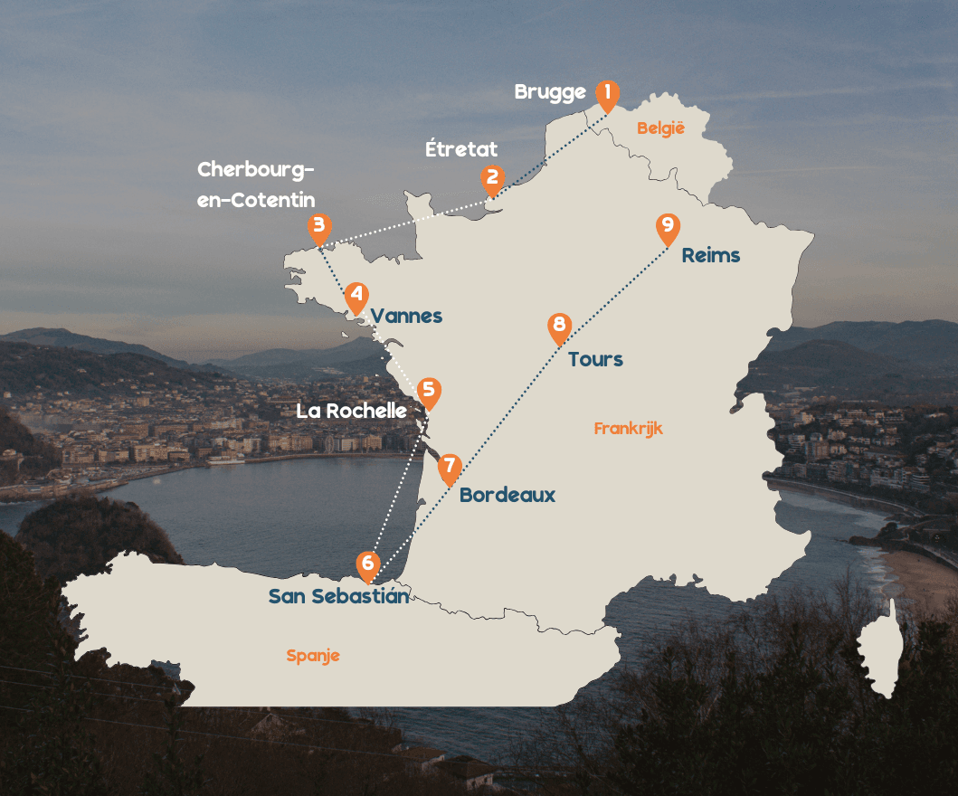Map of France with a travel route marked through Brugge, Cherbourg-en-Cotentin, Étretat, Vannes, La Rochelle, San Sebastian, Bordeaux, Tours, and Reims.