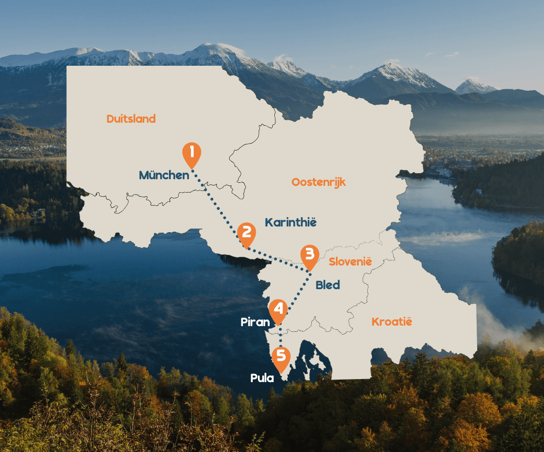 Map showing a travel route from München to Pula, passing through Karinthië, Bled, and Piran, with a scenic lake and mountains in the background.
