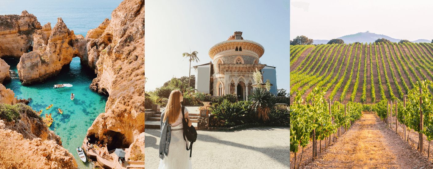 collage met foto's uit Portugal, van wijnvelden tot de kust