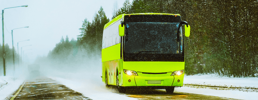 Een groene bus die over een besneeuwde weg rijdt. Aan de linkerkant staan lantaarnpalen in de mist, en rechts is een bos te zien dat licht is besneeuwd.