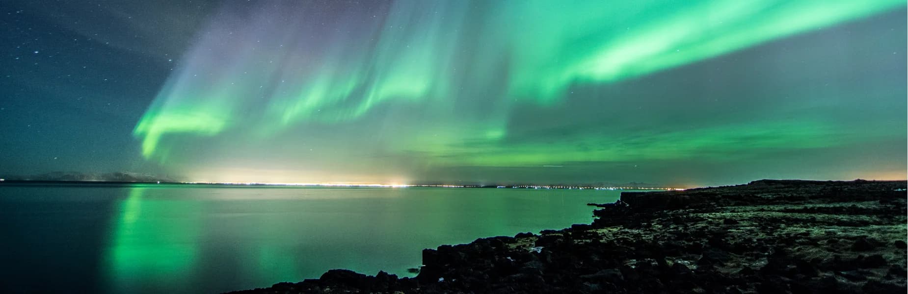 Vivid green and purple aurora borealis lights up the night sky over a calm sea, with distant city lights on the horizon and rocky shoreline in the foreground.