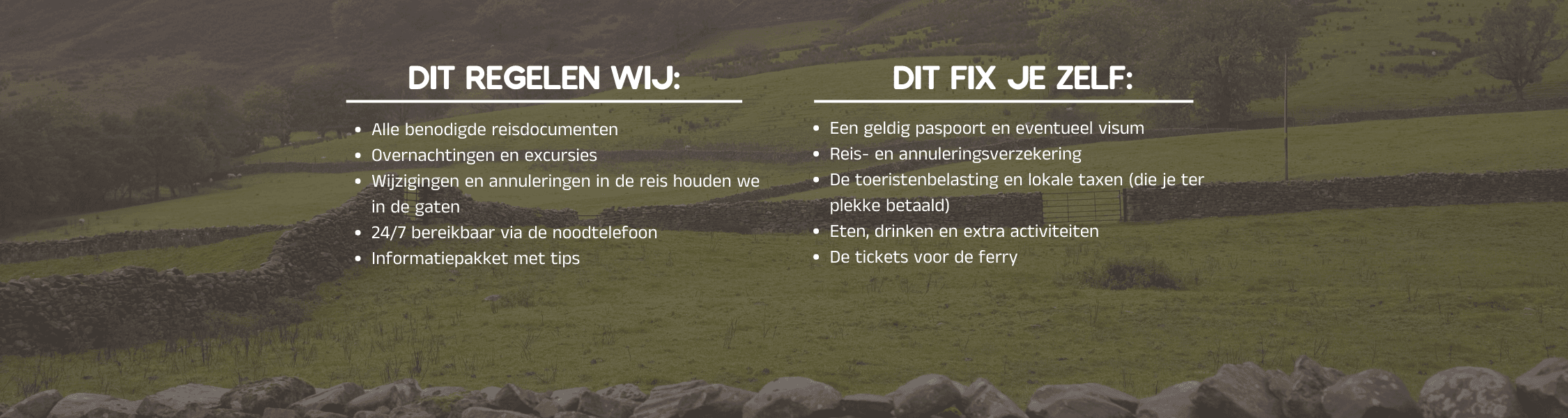 een groene achtergrond met daarvoor tekst over wat wij regelen