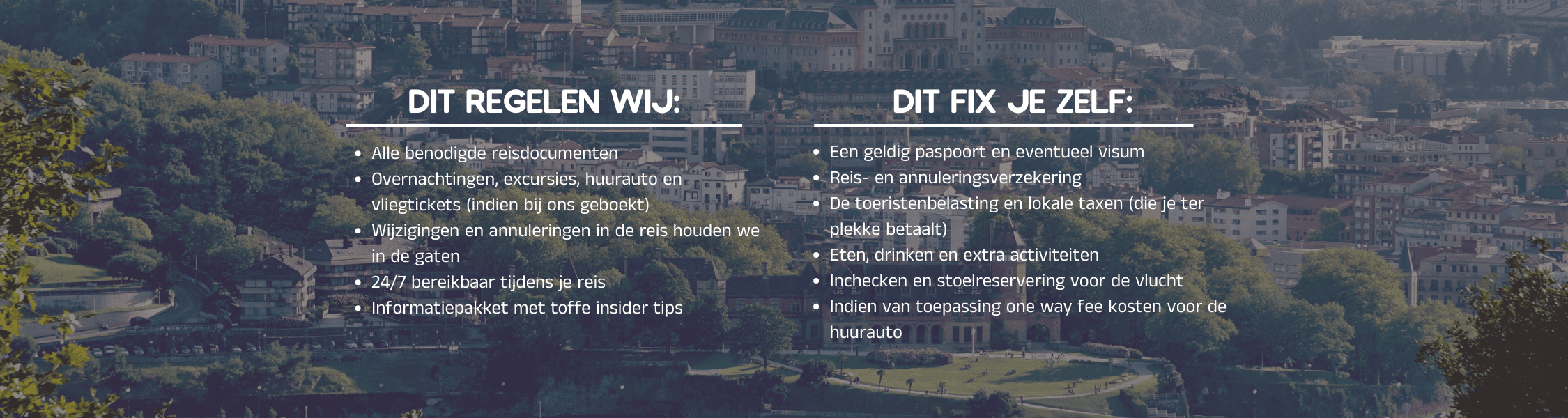 Hillside town and park panorama with semi-transparent overlay of Dutch travel service lists titled 'DIT REGELEN WIJ' and 'DIT FIX JEZELF'.