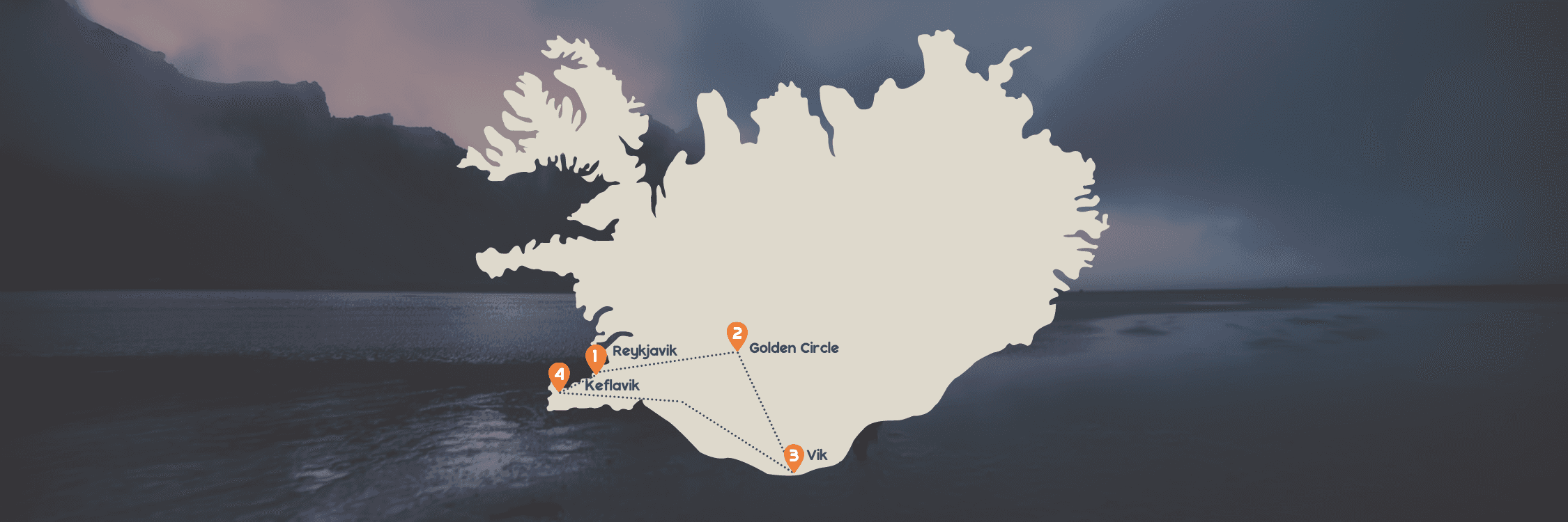 reisroute kaartje voor IJsland langs Reykjavik, Golden Circle, Vik en Keflavik