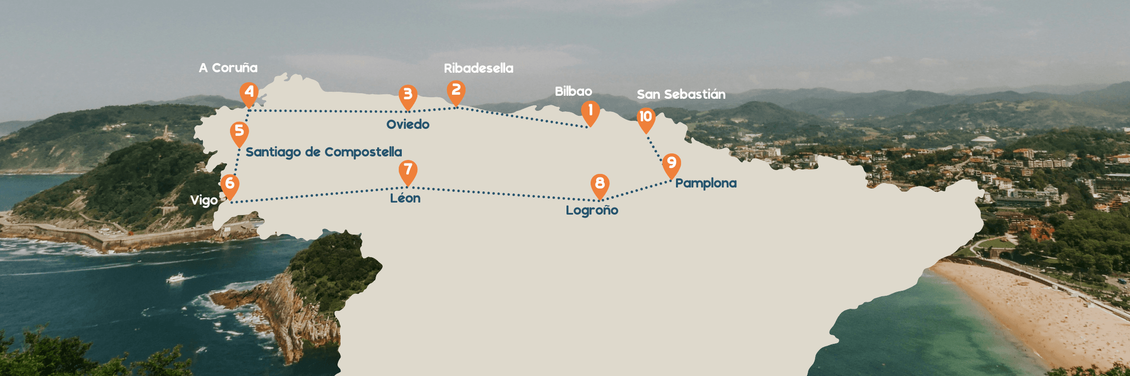 De kaart van de reis naar Noord-Spanje