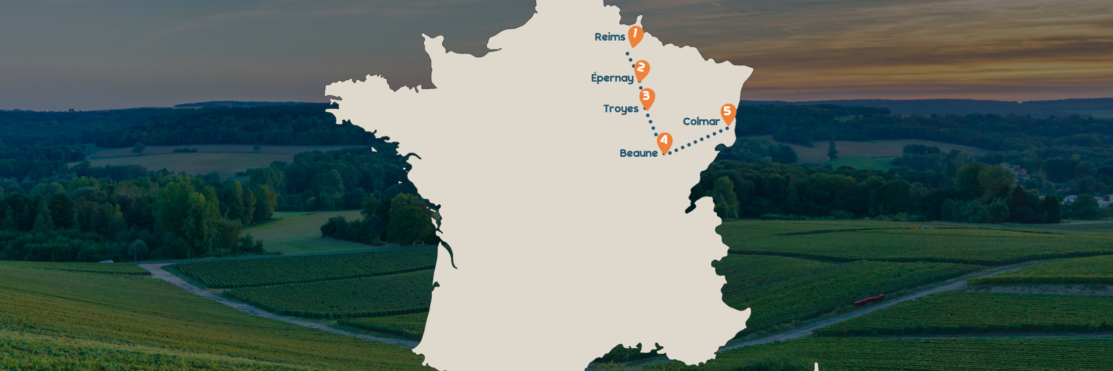 Frankrijk kaart champagnestreek langs Reims, Troyes, Beaune en Colmar
