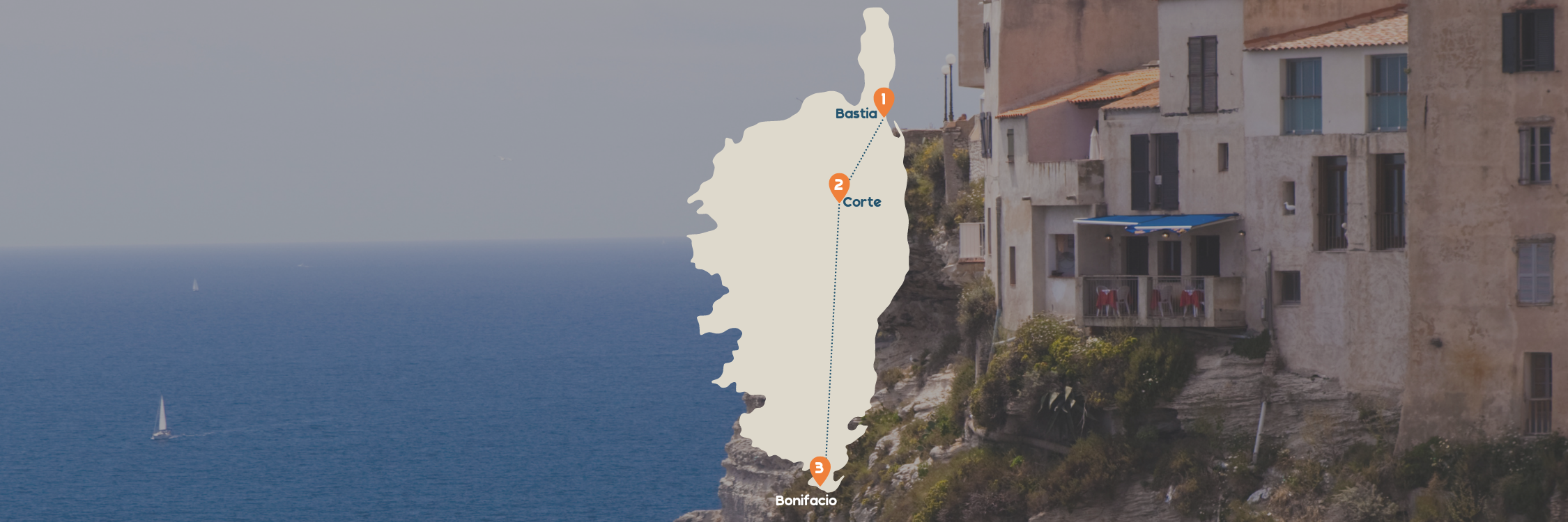 Landenkaartje desktop langs Bastia, Corte en Bonifacio
