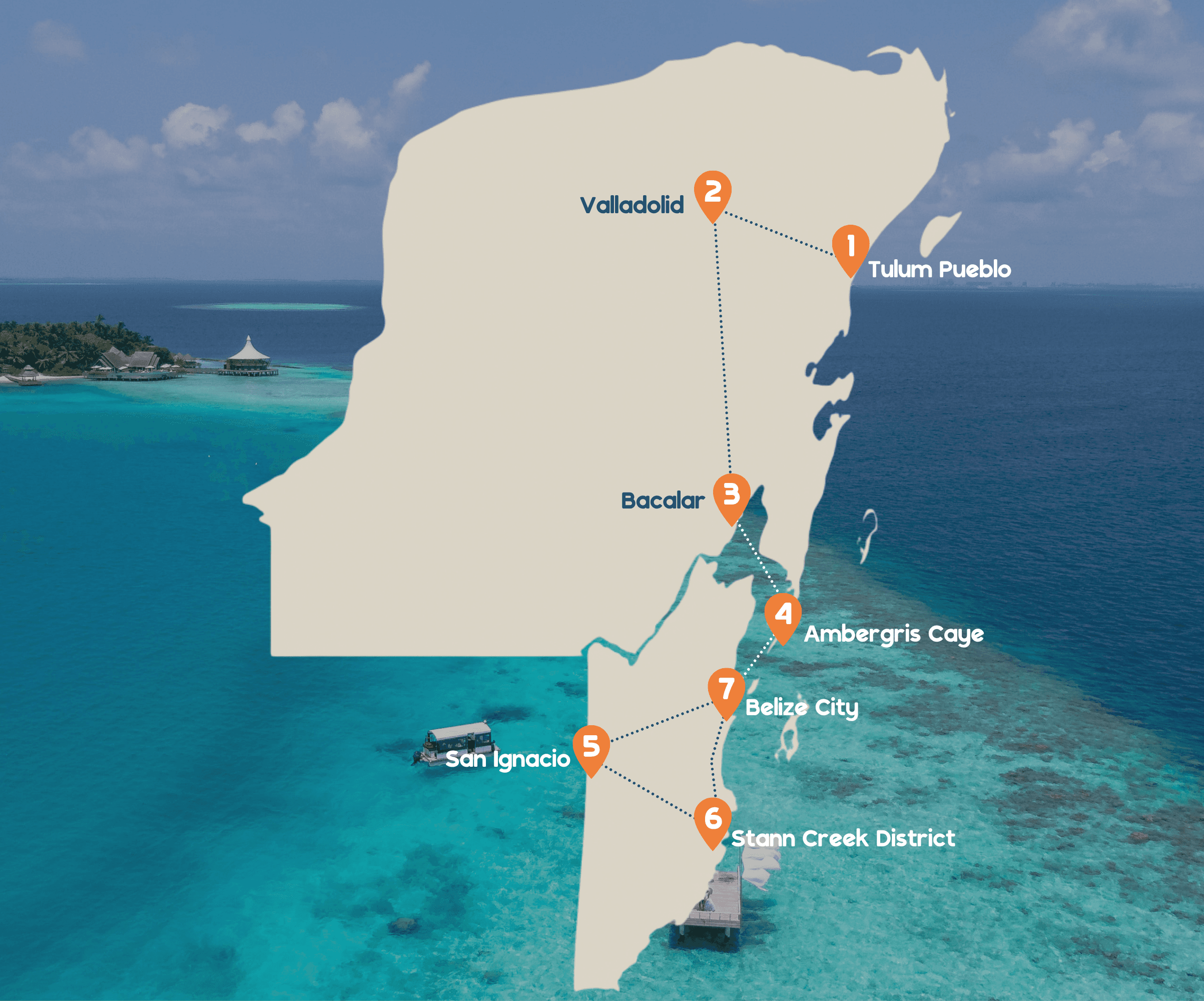 Landenkaart Mexico en Belize met route