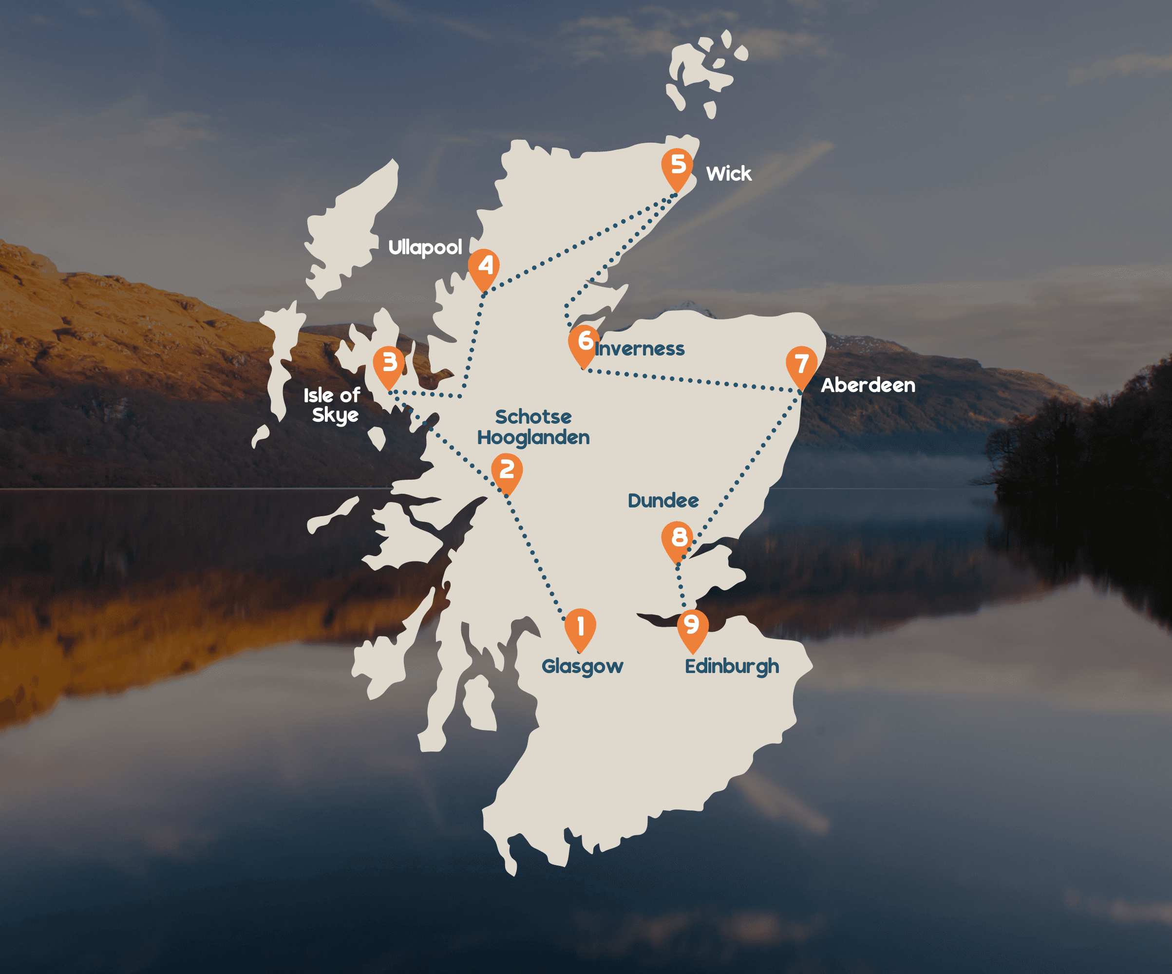 Landenkaart Schotland met route