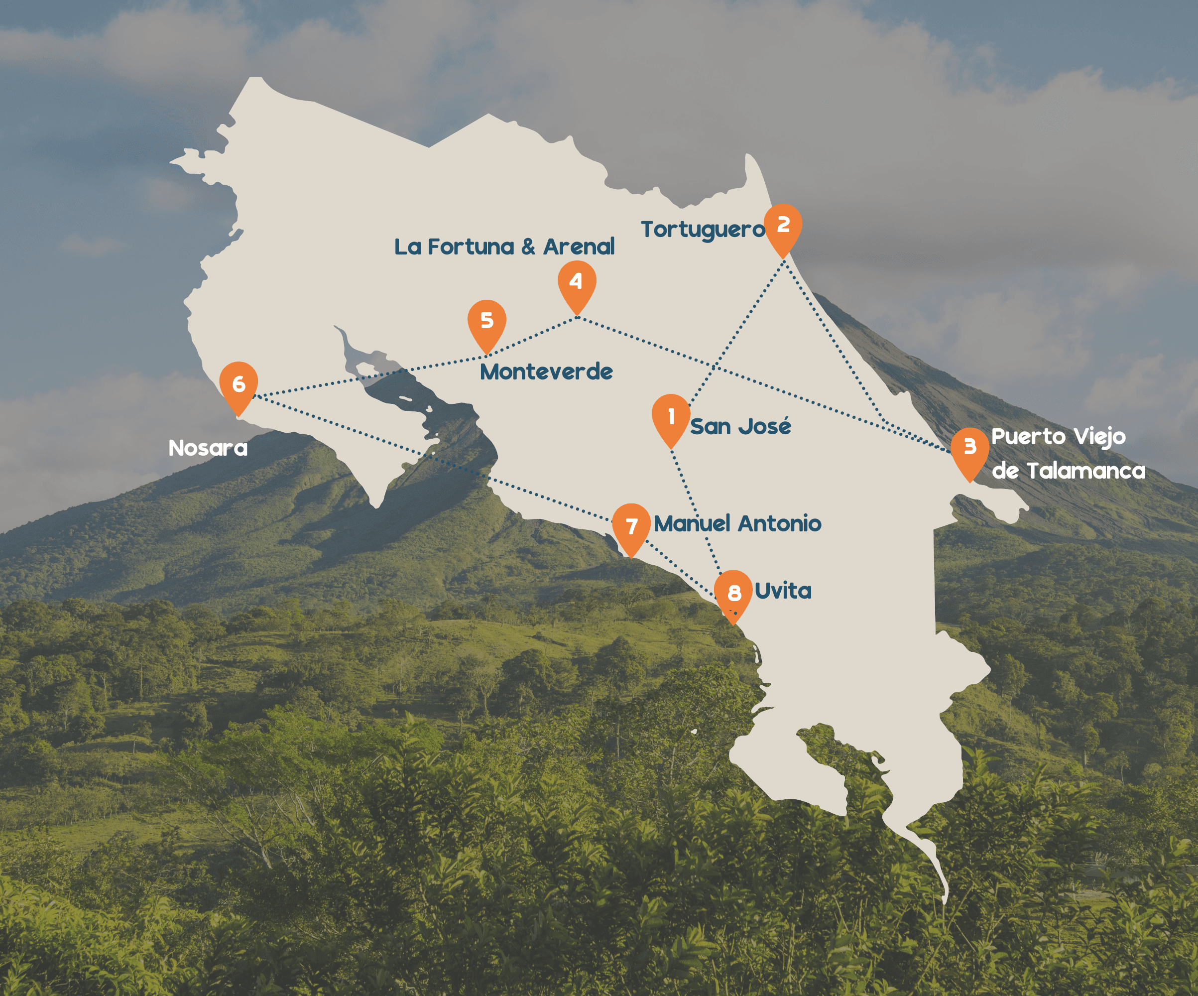Landenkaart Costa Rica met route