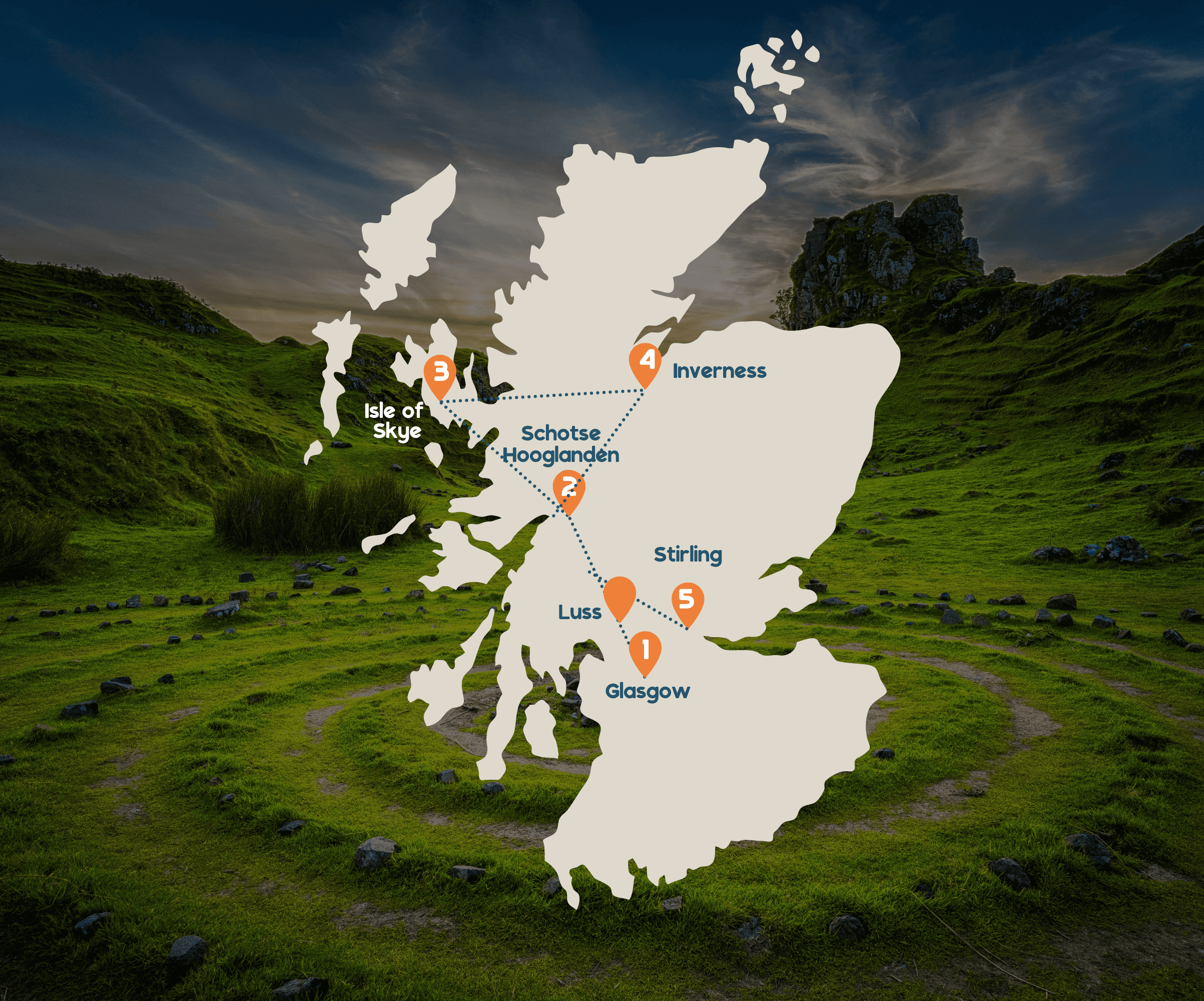 Landenkaart Schotland met route