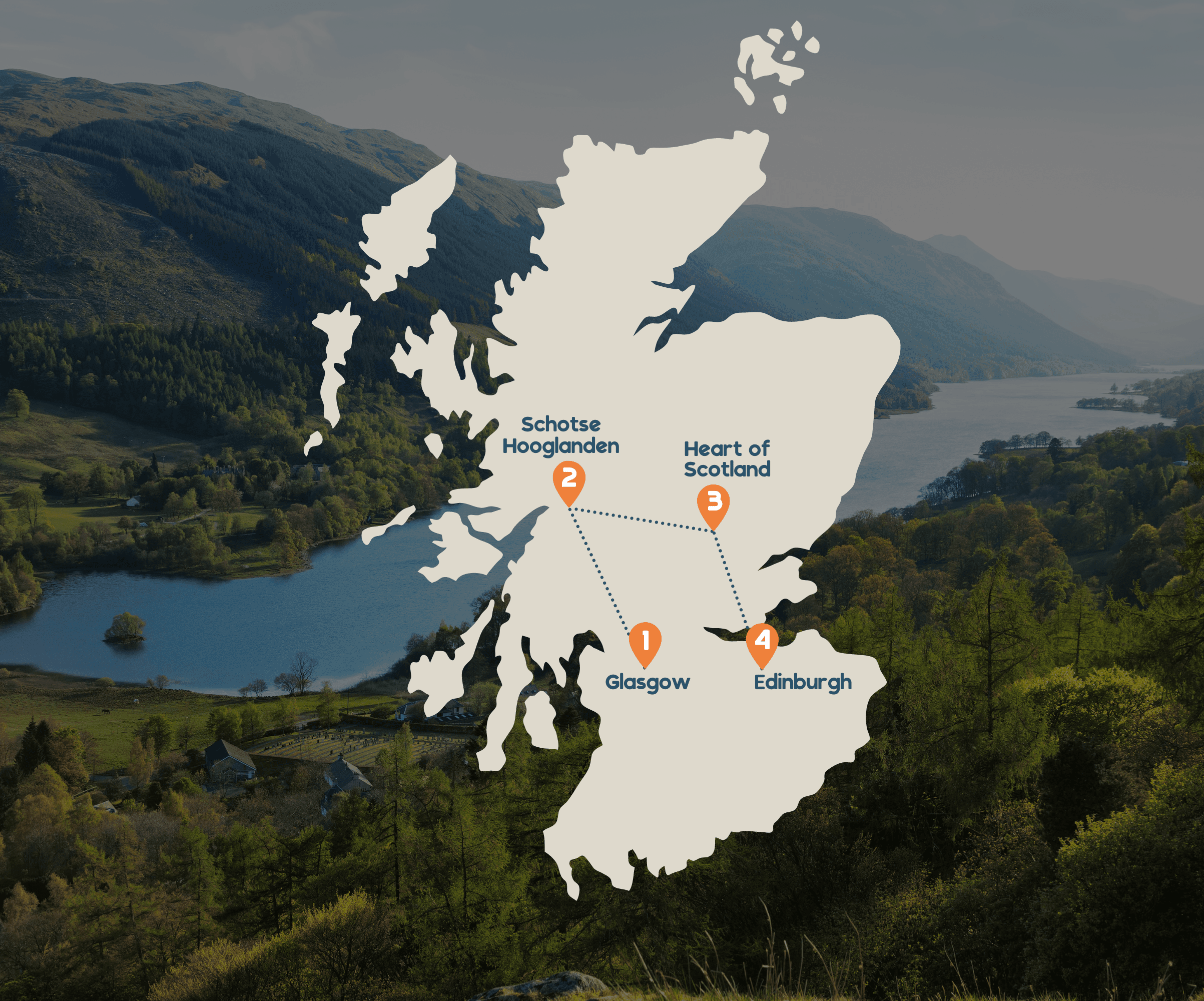 Kaart van Schotland met de reisroute: 1. Glasgow 2. Schotse Hooglanden 3. Hart van Schotland 4. Edinburgh