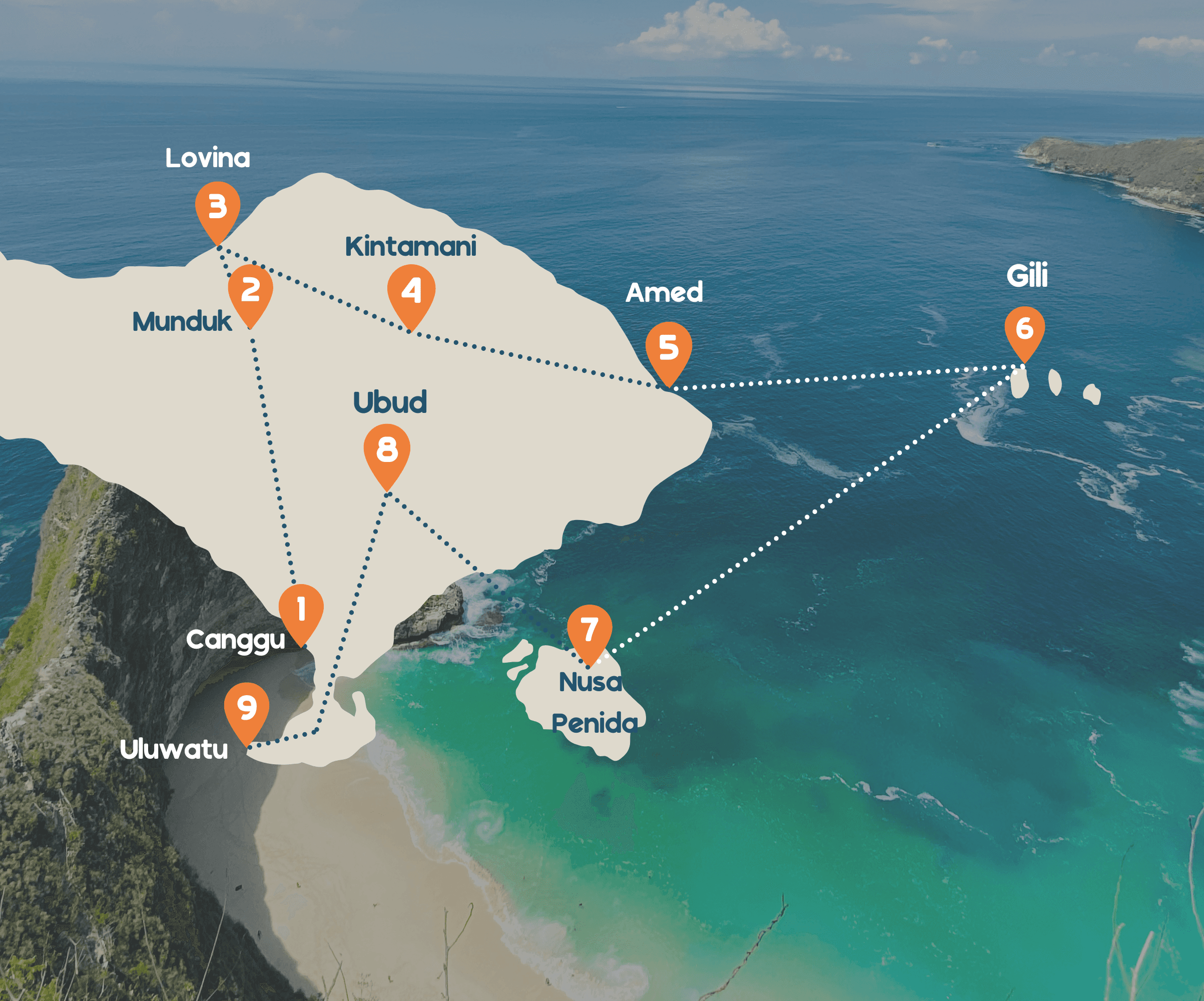 De route van de Allround Bali reis op de kaart