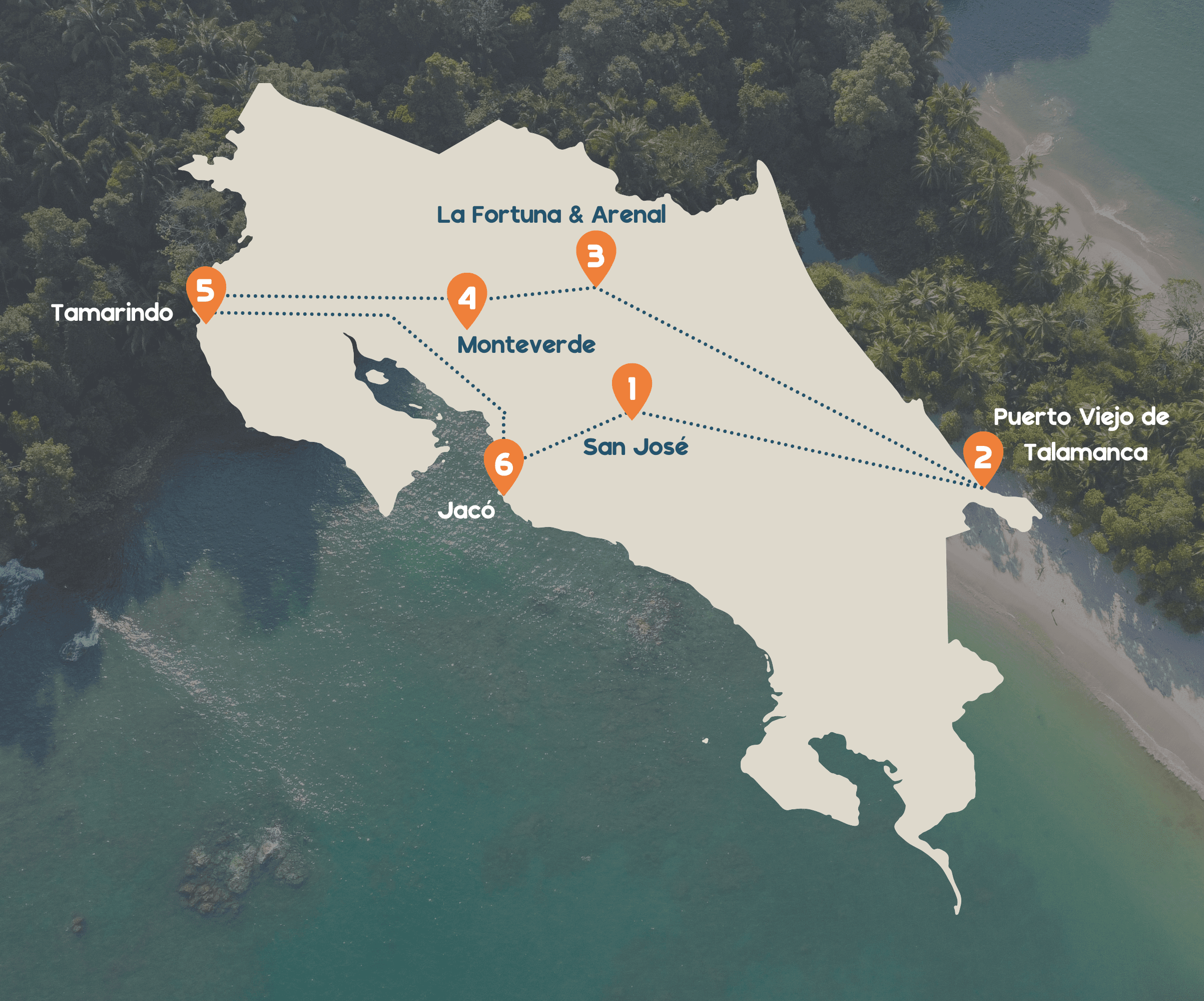 Landenkaart Costa Rica met route