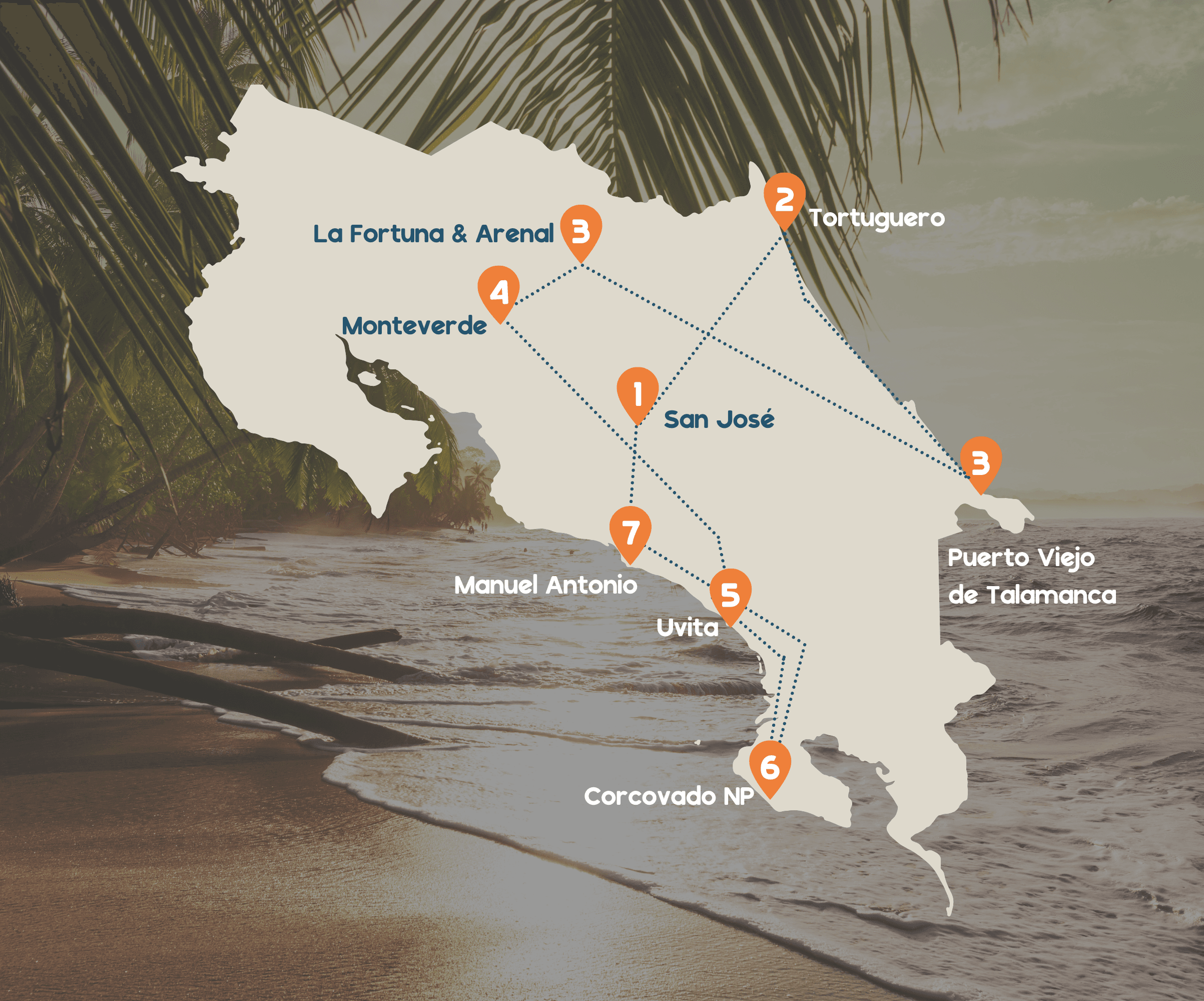 Landenkaart Costa Rica met route