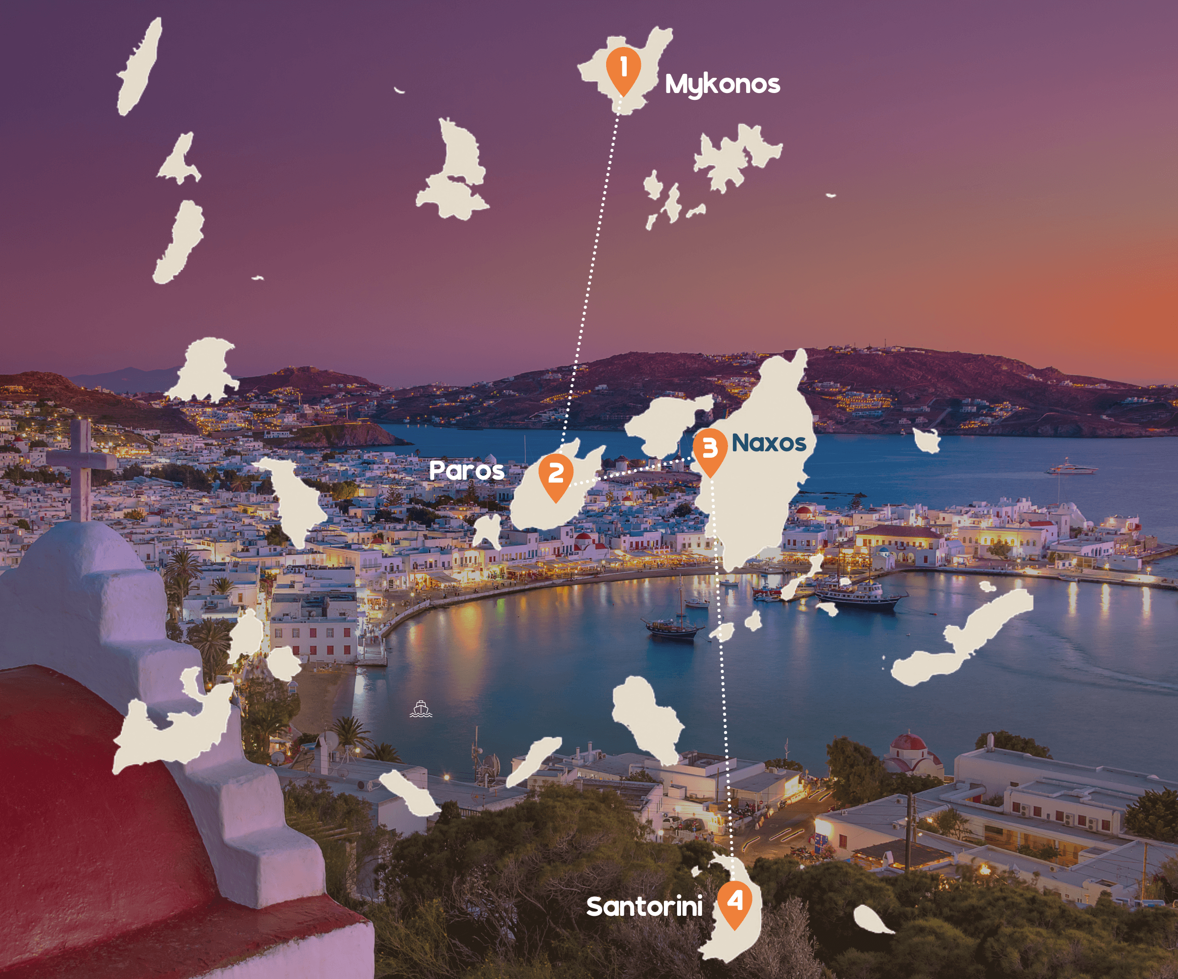 Routekaart reis Mykonos - Paros - Naxos - Santorini