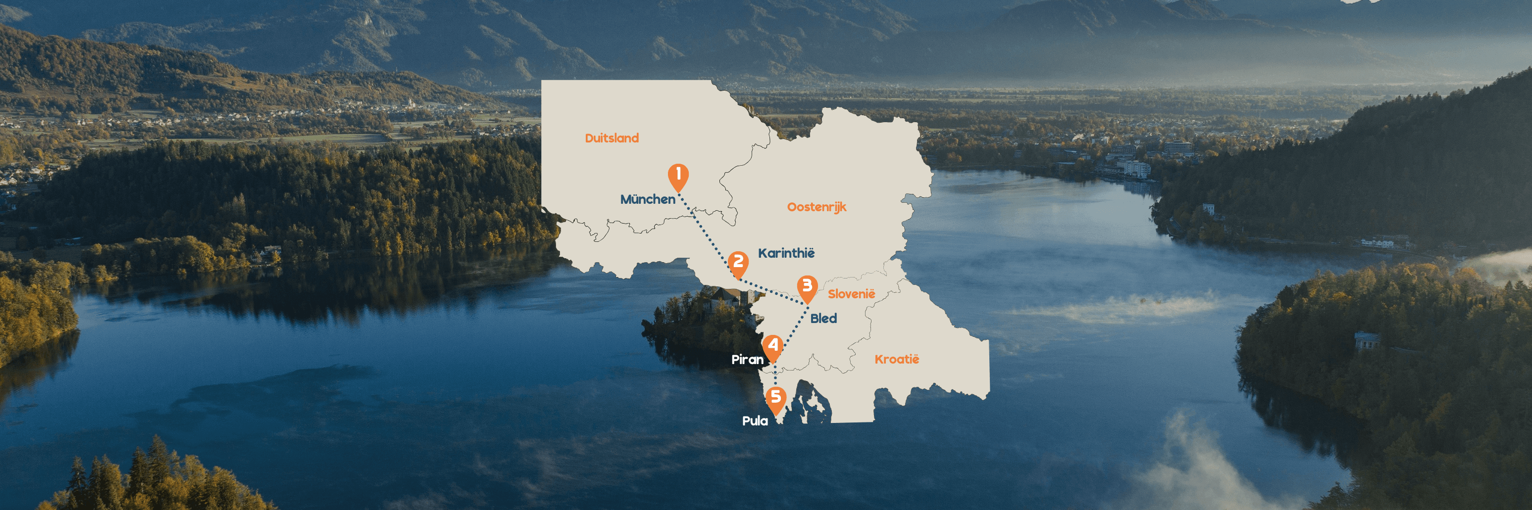 Map overlay on a scenic landscape, showing a route from Munich to Pula with stops in Kufstein, Slovenia, and Piran.