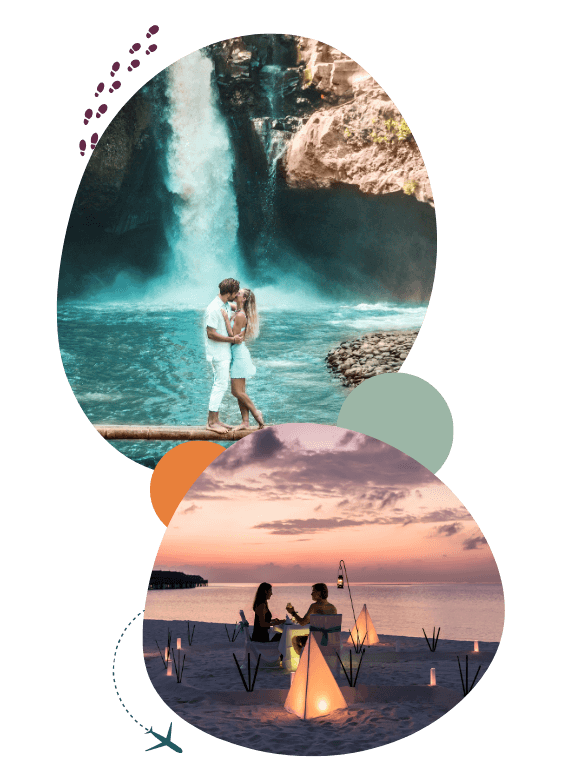 collage met romantische foto's van koppels op huwelijksreis