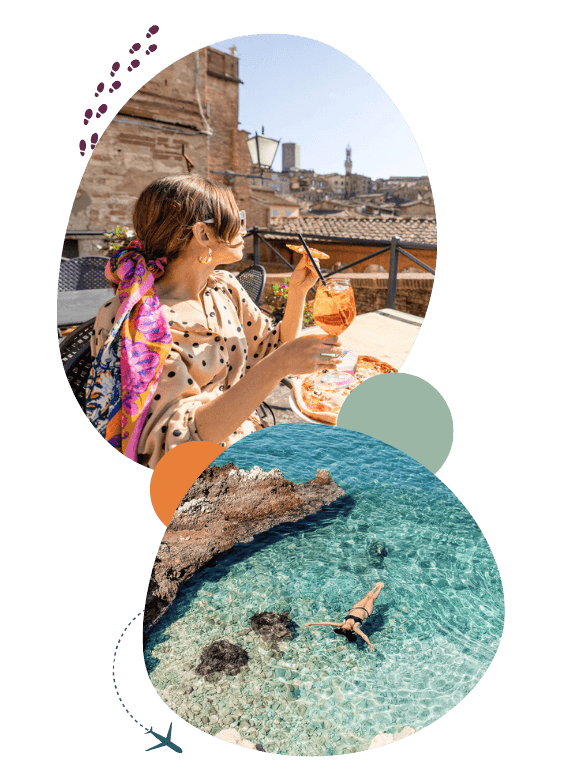 collage met reisfoto's van vrouw aan de aperol en in het water