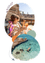 collage met reisfoto's van vrouw aan de aperol en in het water