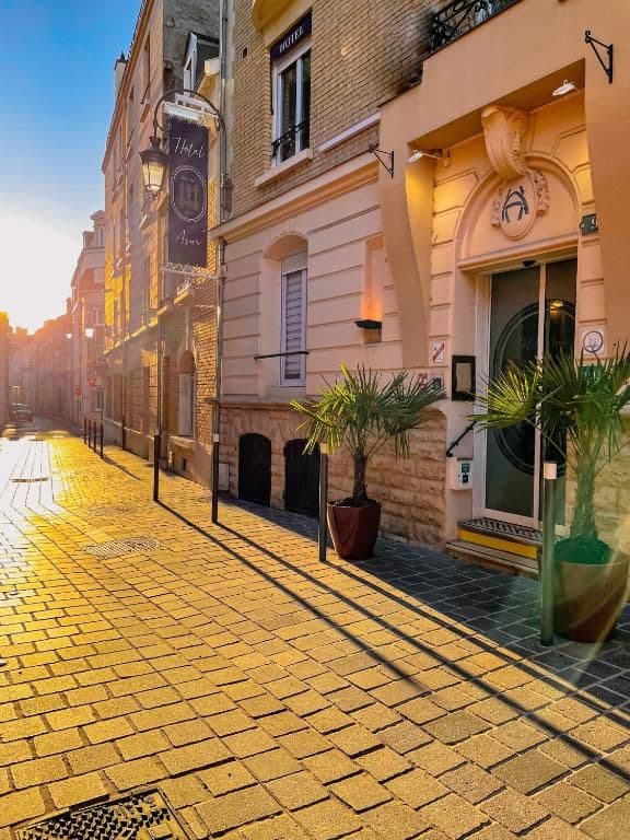 Een hotel in het centrum van Reims met planten en een zonnegloed