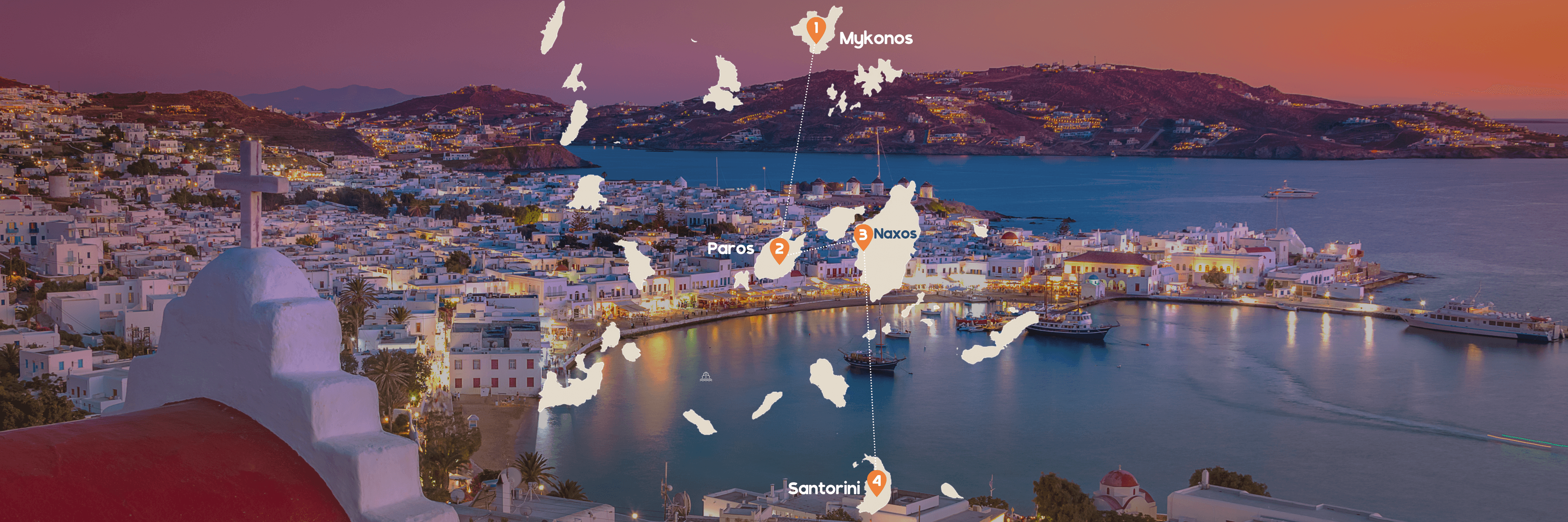 Routekaart reis Mykonos - Paros - Naxos - Santorini