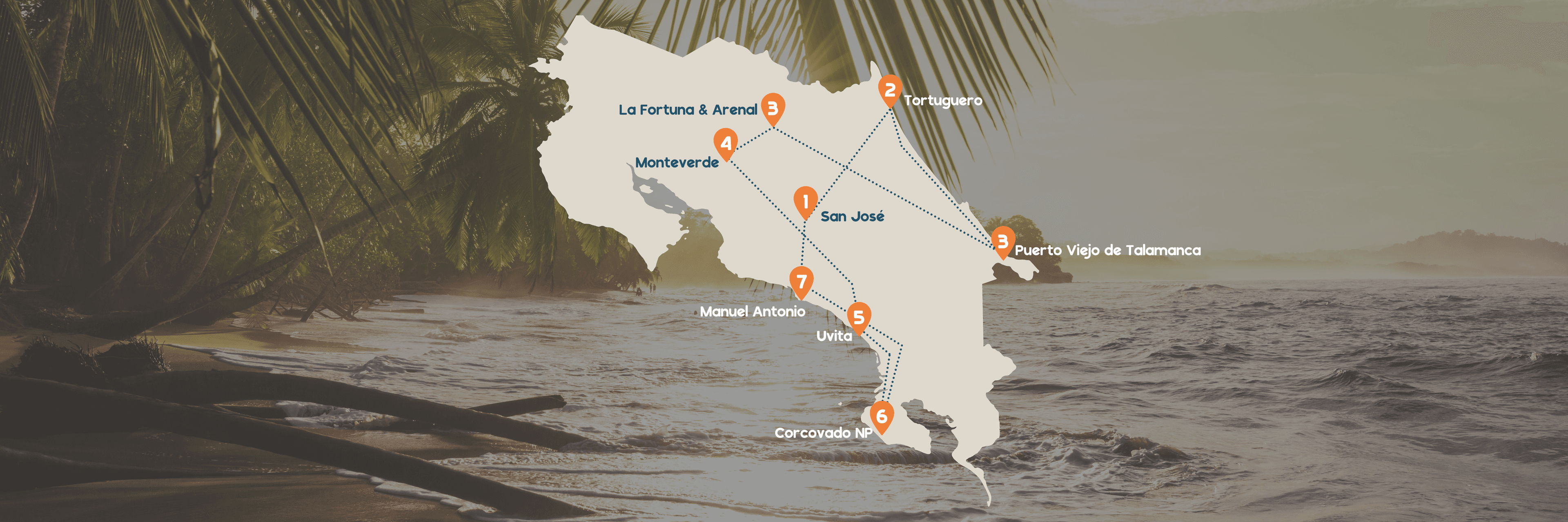 Landenkaart Costa Rica met route