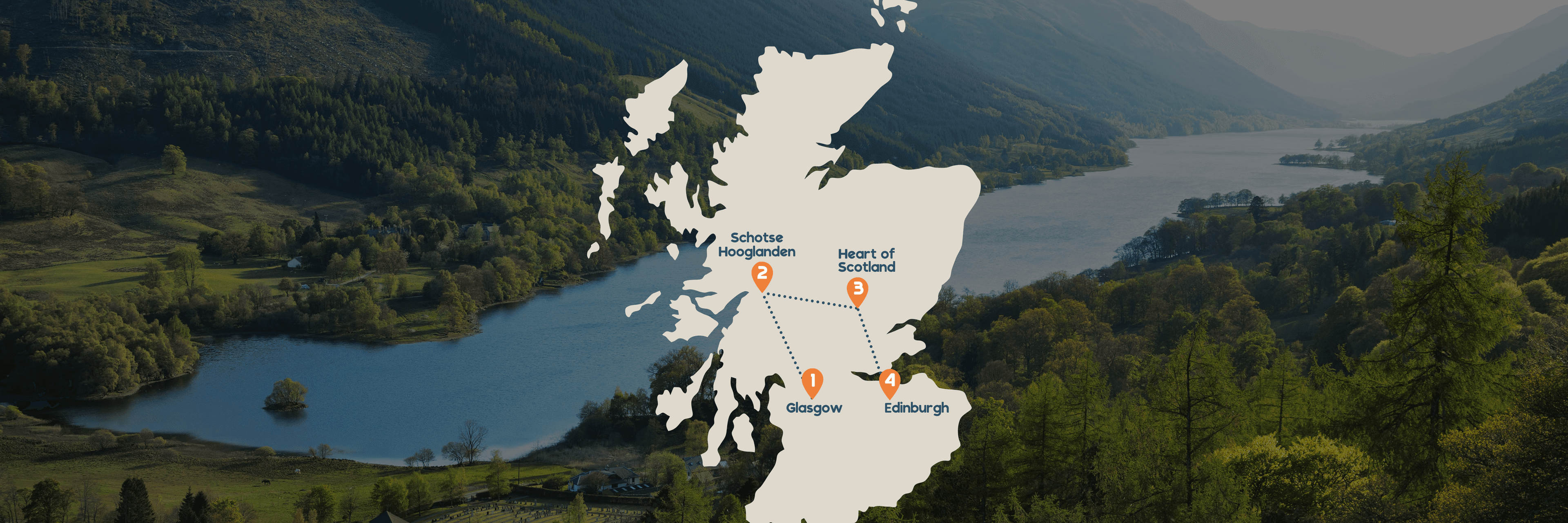 Kaart van Schotland met de reisroute: 1. Glasgow 2. Schotse Hooglanden 3. Hart van Schotland 4. Edinburgh