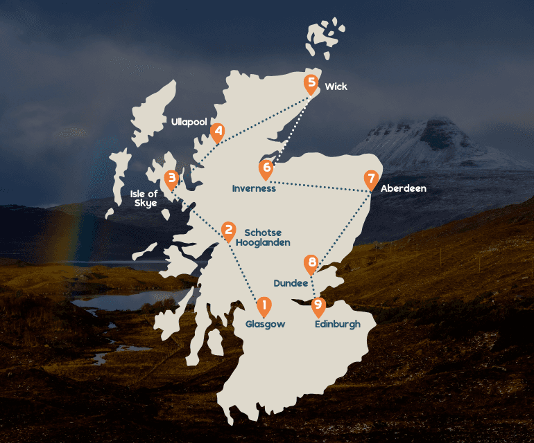 Routekaart van de reis door Schotland