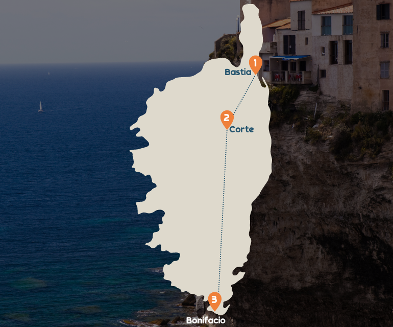 Landenkaartje route langs Bastia, Corte en Bonifacio