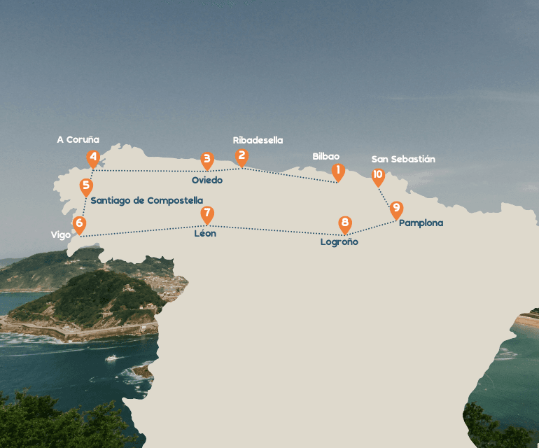 De kaart van de reis naar Noord-Spanje