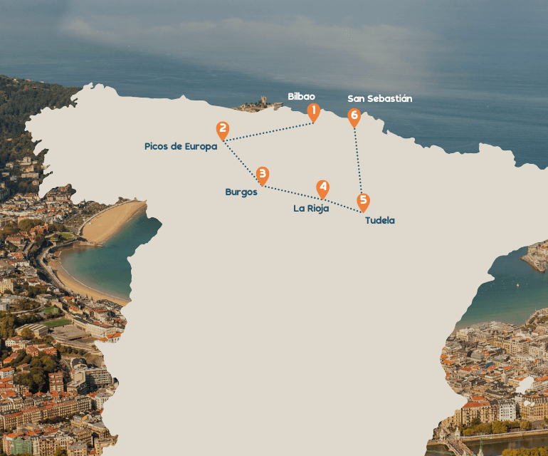 Northern Spain map overlay on coastal aerial photo with numbered route linking Bilbao, Picos de Europa, Burgos, La Rioja, Tudela and San Sebastián.