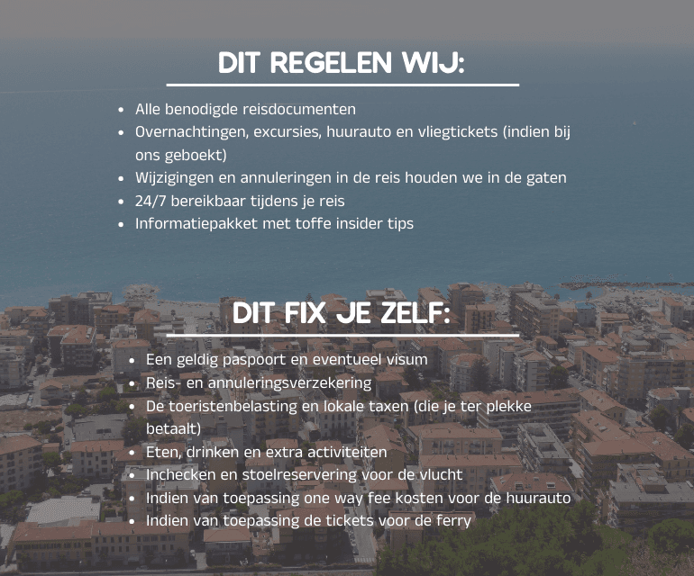 Aerial view of a seaside town with a Dutch travel checklist overlay: "DIT REGELEN WIJ:" and "DIT FIX JE ZELF:" with bullet points.