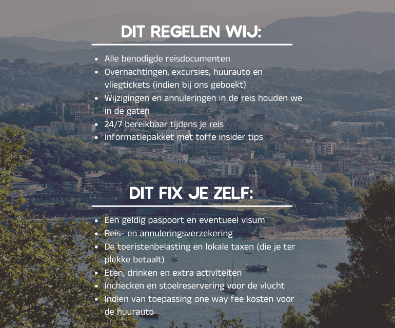 Lakeside town and hills with a Dutch travel checklist overlay titled "Dit regelen wij" and "Dit fix je zelf."