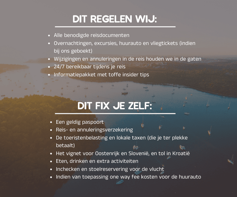 Dutch travel info poster titled "Dit regelen wij" and "Dit fix je zelf" with checklists over an aerial sunset bay dotted with anchored sailboats.