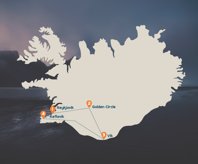reisroute kaartje voor IJsland langs Reykjavik, Golden Circle, Vik en Keflavik