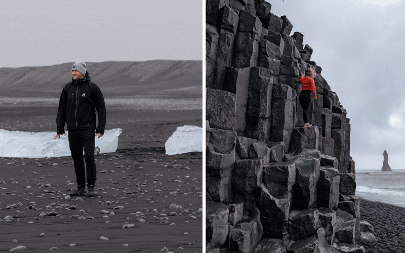 reizigers over het zwarte zandstrand bij Vik