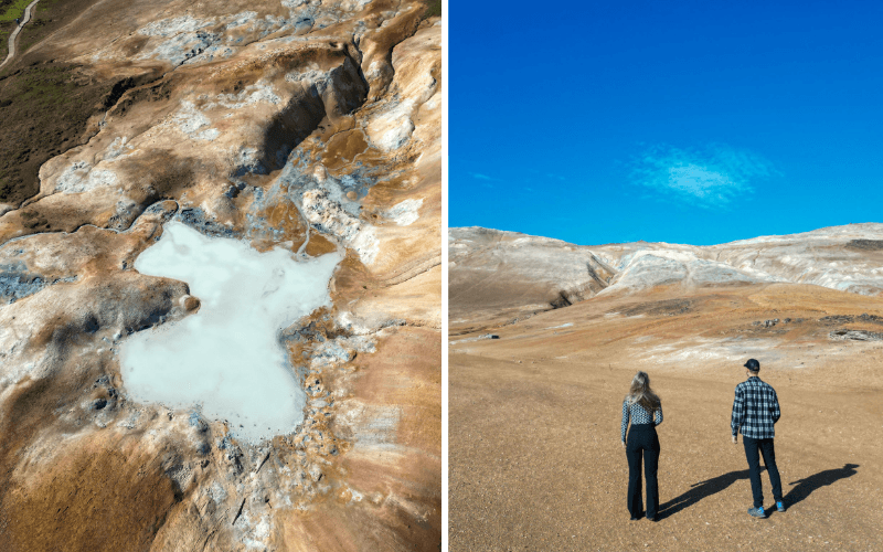 2 reizigers uitkijkende over het krater landschap in IJsland
