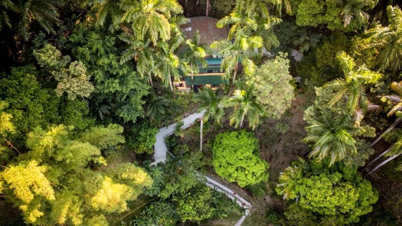 helikopterview van een hotel omring door bomen en groen