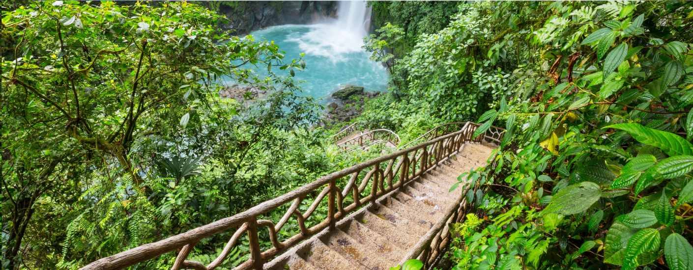 Een bruine trap die omlaag loopt naar een waterval in de jungle van Costa Rica