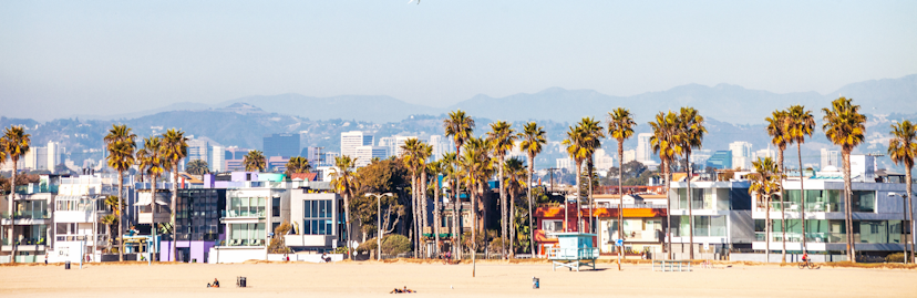 De kustlijn van Venice Beach met palmbomen, appartementen en de heuvels van Los Angeles in de achtergrond