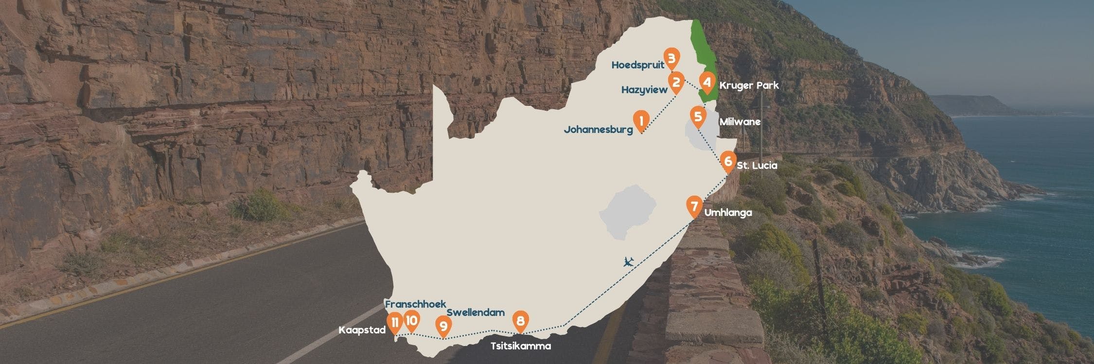 Reisroute kaart rondreis Zuid-Afrika