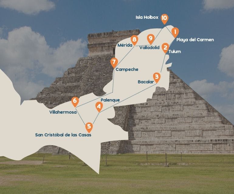 Routekaartje mobiel Mexico met chichen itza achtergrond