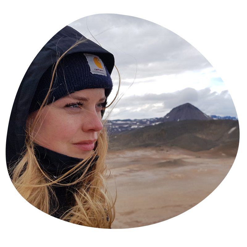 Vrouw kijkt uit over landschap in IJsland